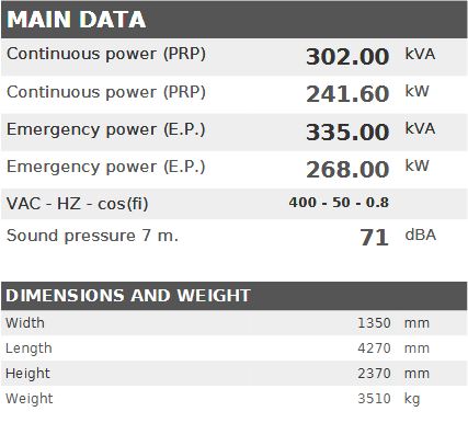 Diesel generator VISA Galaxy GX PLUS, DOOSAN, DS 300 GX - 302 kVA, 241.6 kW