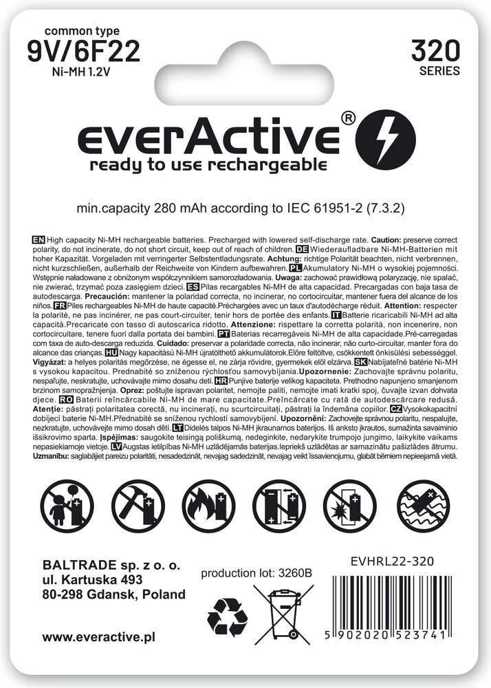 Батерия EverActive Pro 6F22/9V, NiMh 320mAh x 1 бр. готови за употреба
