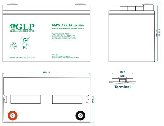 12V 100Ah, GLPG 100-12 M8 Gel battery