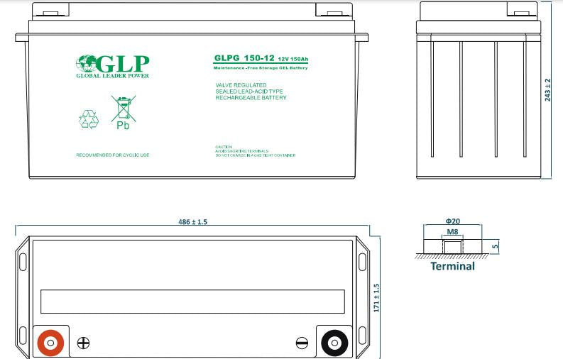 12V 150Ah, GLPG 150-12 M8 Gel battery