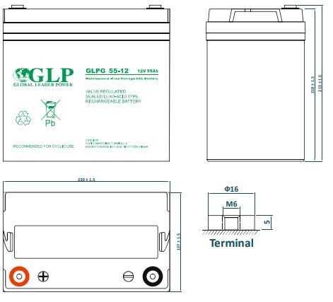 12V 55Ah, GLPG 55-12 M6 Gel battery
