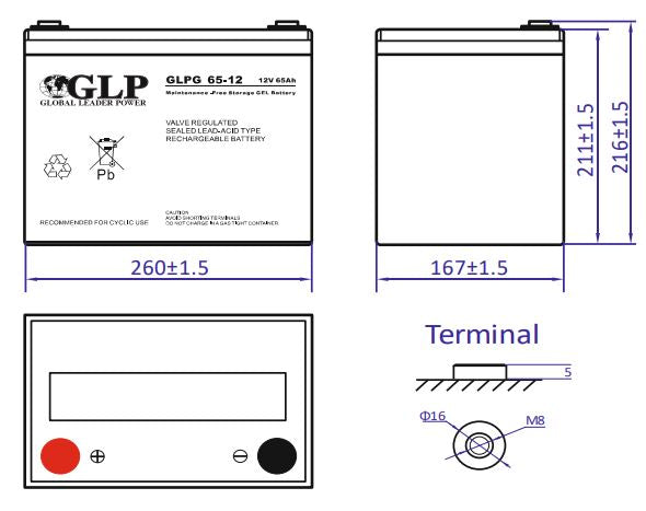 12V 65Ah, GLPG 65-12 M8 Gel battery