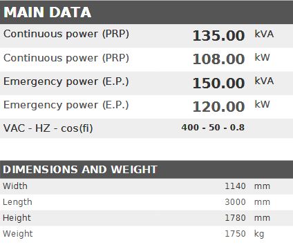 Diesel generator VISA GALAXY GO, PERKINS, P 135 GO - 135 kVA, 108 kW