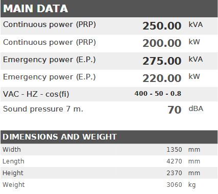 Diesel generator VISA Galaxy GX PLUS, PERKINS, P 252 GX - 250 kVA, 200 kW