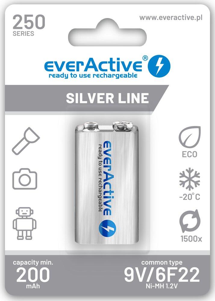 Батерия 9V EverActive Silver 6F22/ 9V, NiMh 250mAh x 1 бр. готови за употреба