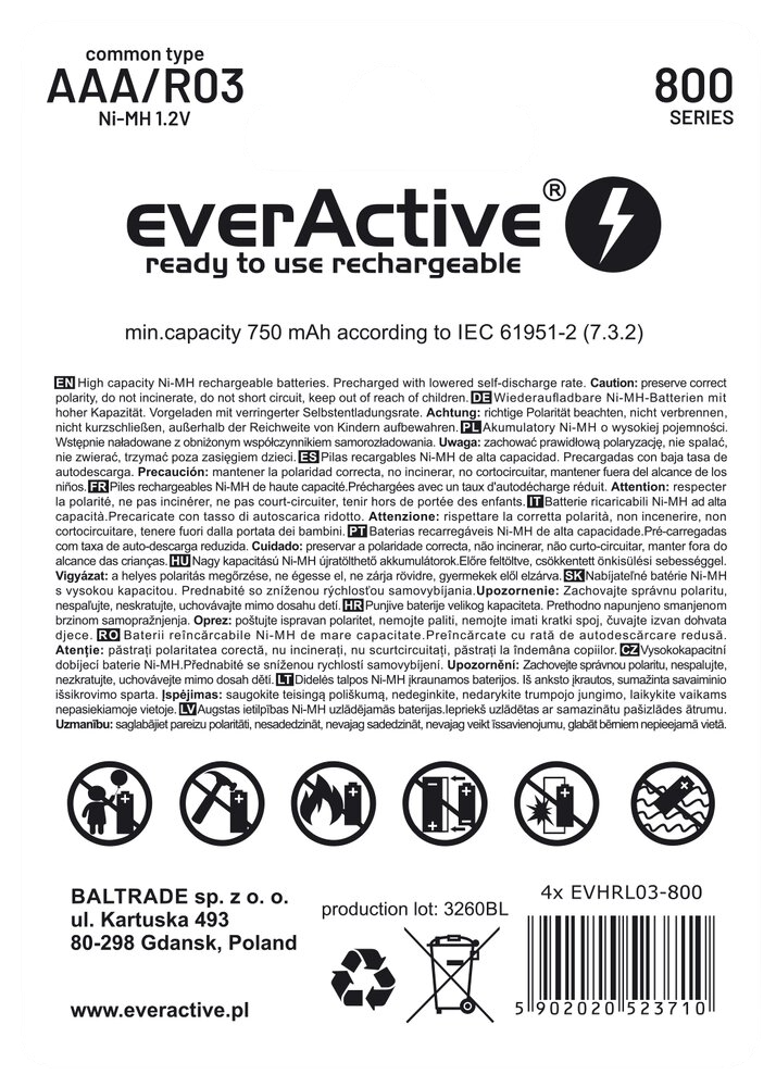 Battery 1.2V EverActive Silver AAA, NiMh 800mAh x 2 pcs Ready to use