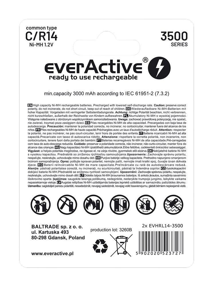 Батерия 1.2V EverActive Silver R14/C, NiMh 3500mAh x 2 бр. готови за употреба