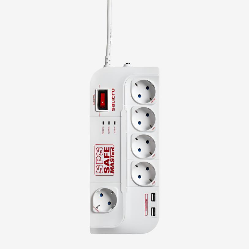 Разклонител със защита от токов удар Salicru, SPS SAFE Master, Power Strip - 5-Socket, Electrical Protector with 2 USB Ports and Master/Slave Function
