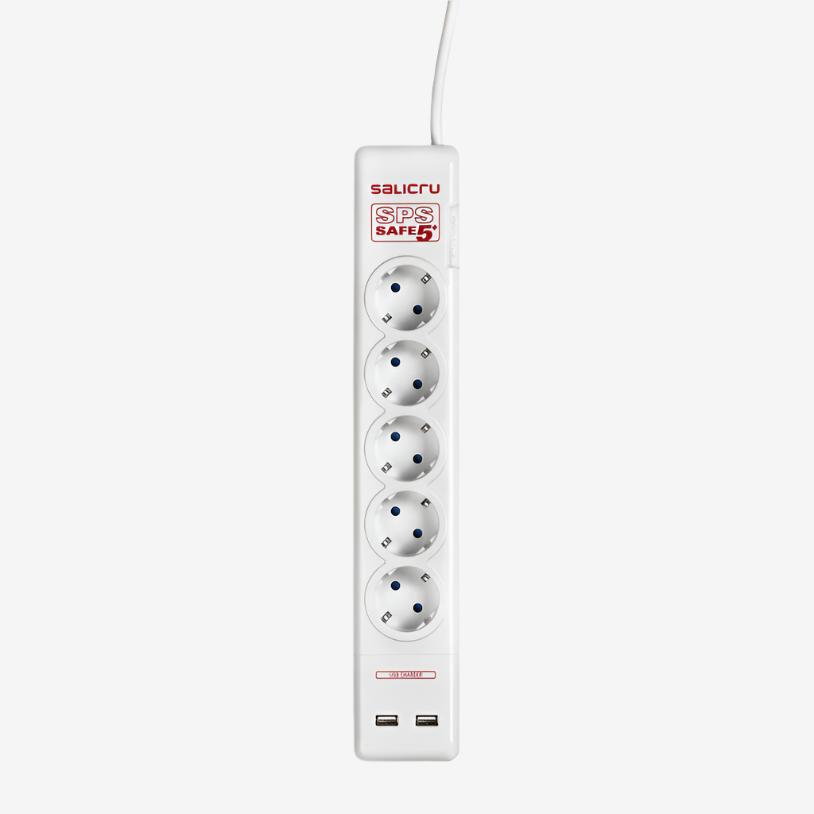 Разклонител със защита от токов удар Salicru SPS SAFE 5+ Active Electrical Protector - 5-Socket Power Strip with 2 USB Ports