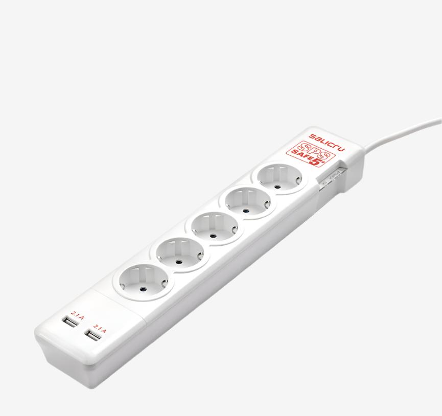 Разклонител със защита от токов удар Salicru SPS SAFE 5+ Active Electrical Protector - 5-Socket Power Strip with 2 USB Ports