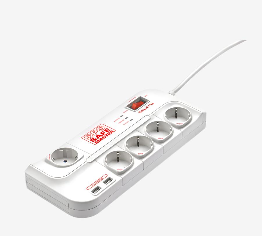 Разклонител със защита от токов удар Salicru, SPS SAFE Master, Power Strip - 5-Socket, Electrical Protector with 2 USB Ports and Master/Slave Function