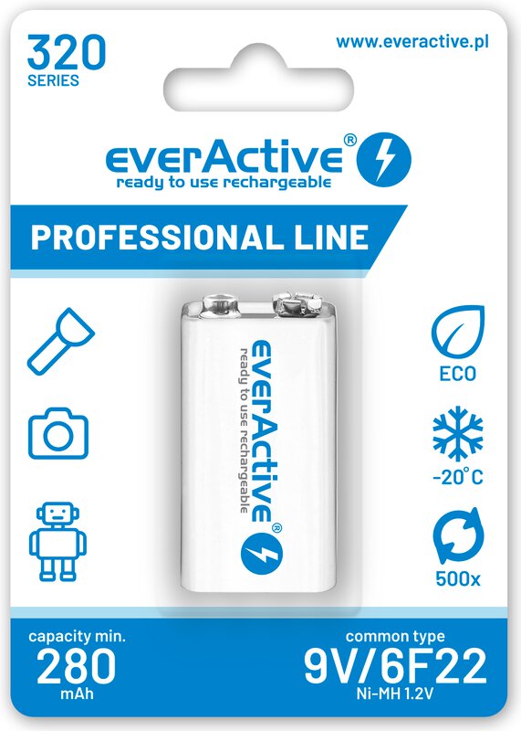 Батерия EverActive Pro 6F22/9V, NiMh 320mAh x 1 бр. готови за употреба