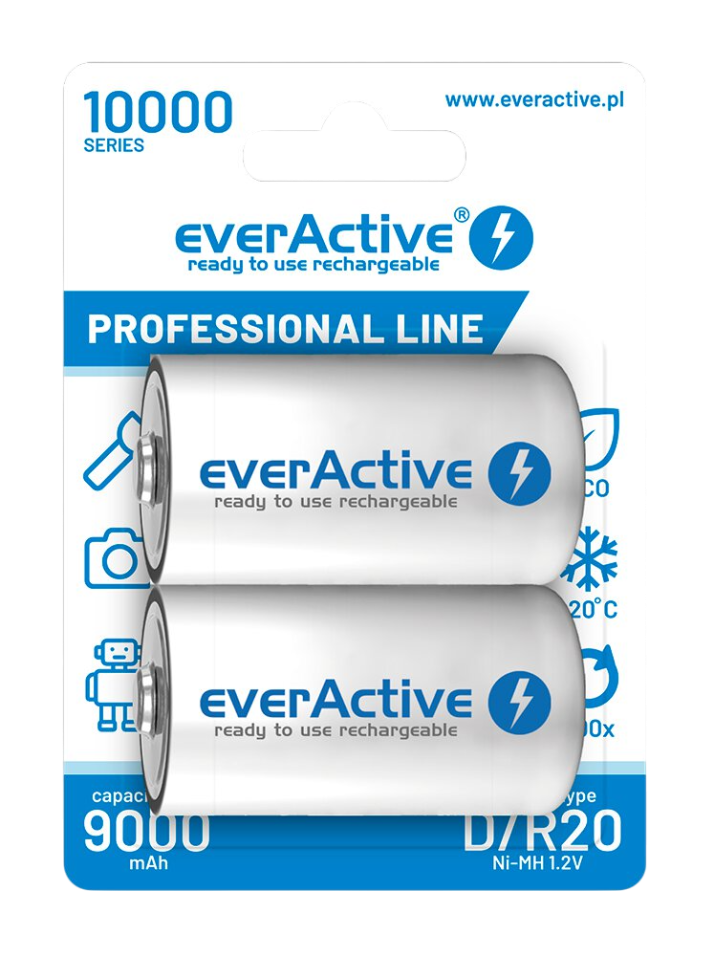 Батерия 1.2V EverActive Pro R20/D, NiMh 10000mAh x 2 бр. готови за употреба