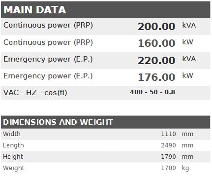 Diesel generator VISA POWERFULL B, Iveco, F 201 B - 200 kVA, 160 kW