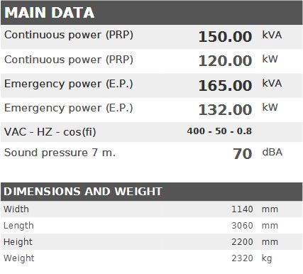Diesel generator VISA Galaxy GX, PERKINS, P 151 GX - 150 kVA, 120 kW