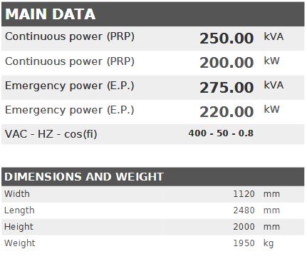 Diesel generator VISA POWERFULL B, Perkins, P 252 B - 250 kVA, 200 kW