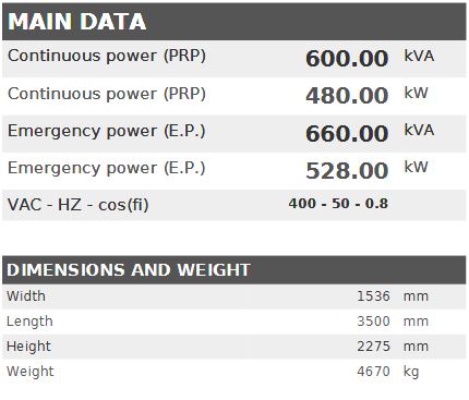 Diesel generator VISA POWERFULL B, Perkins, P 600 B - 600 kVA, 480 kW