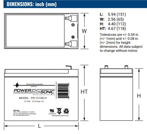 The size of AGM battery 12V 10.5Ah, PS-12100H - Eurogroup 33