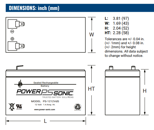 The size of AGM battery 12V 1.4Ah, PS-1212Vds - Eurogroup 33
