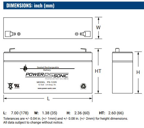12V 2.9Ah, PS-1229L F1 AGM battery