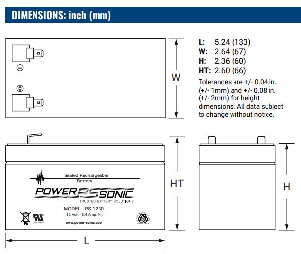 12V 3.4Ah, PS-1230 VDS F1 AGM battery
