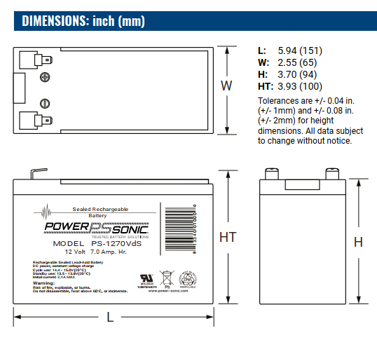 The scheme of size AGM battery 12V 7Ah, PS-1270VdS - Eurogroup 33