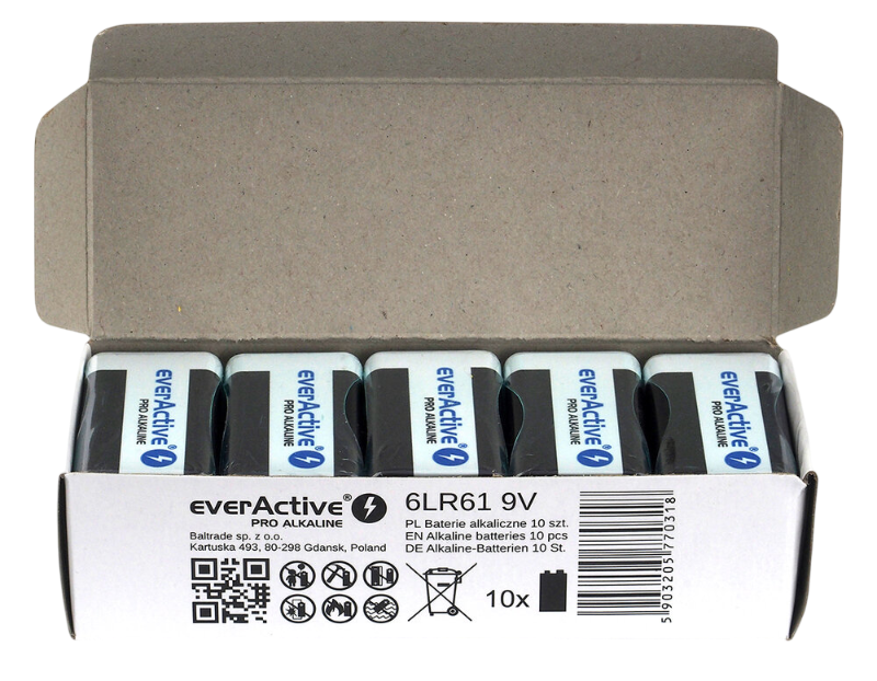 Батерия 9V EverActive Pro Alkaline 6LR61 - фолио с 1 бр.