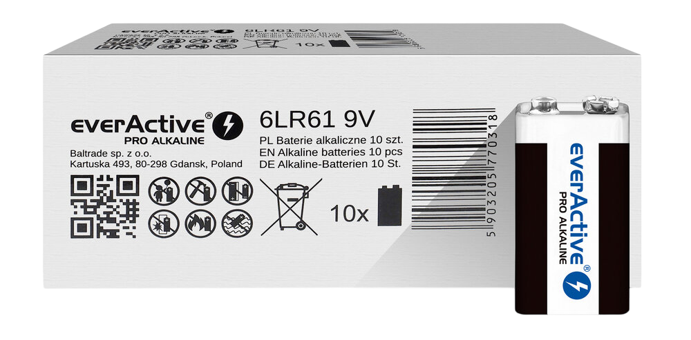 Батерия 9V EverActive Pro Alkaline 6LR61 - фолио с 1 бр.