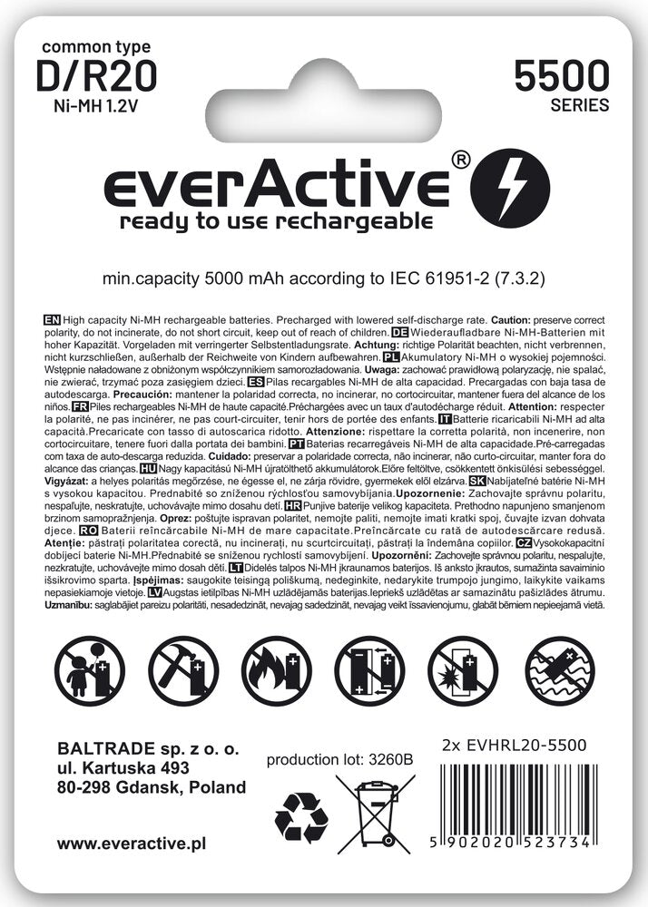 Батерия 1.2V EverActive Silver R20/D, NiMh 5500mAh x 2 бр. готови за употреба