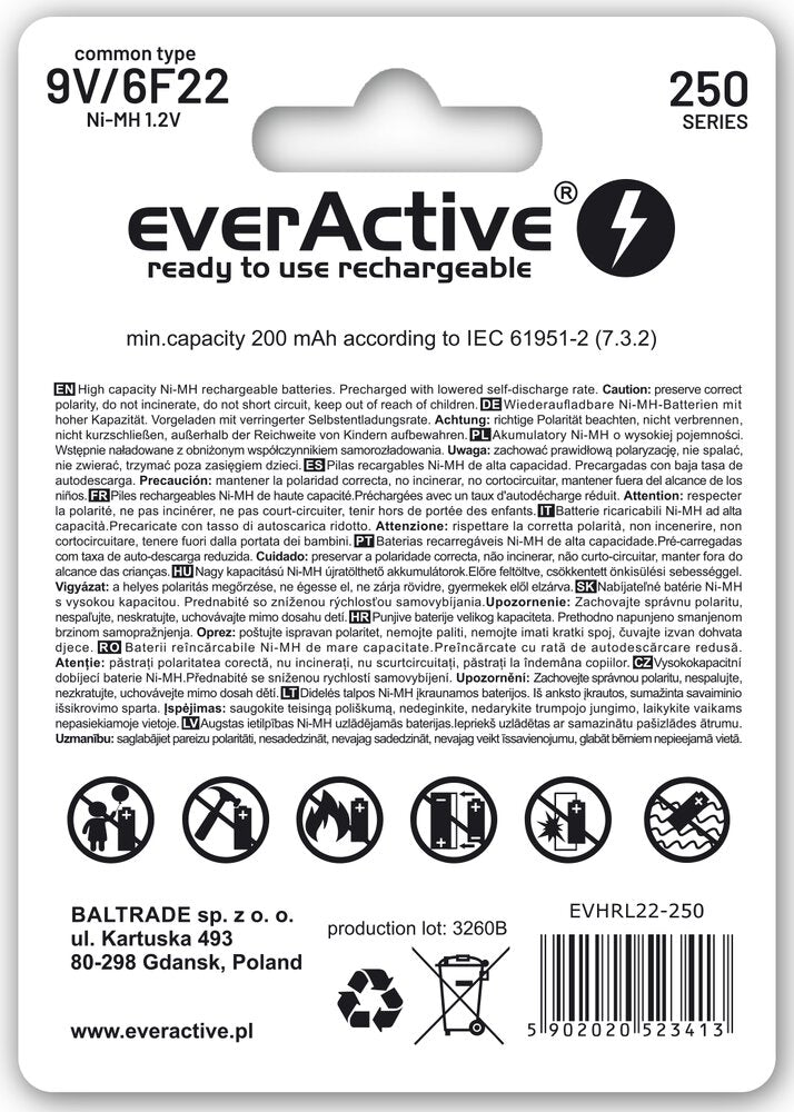 Батерия 9V EverActive Silver 6F22/ 9V, NiMh 250mAh x 1 бр. готови за употреба