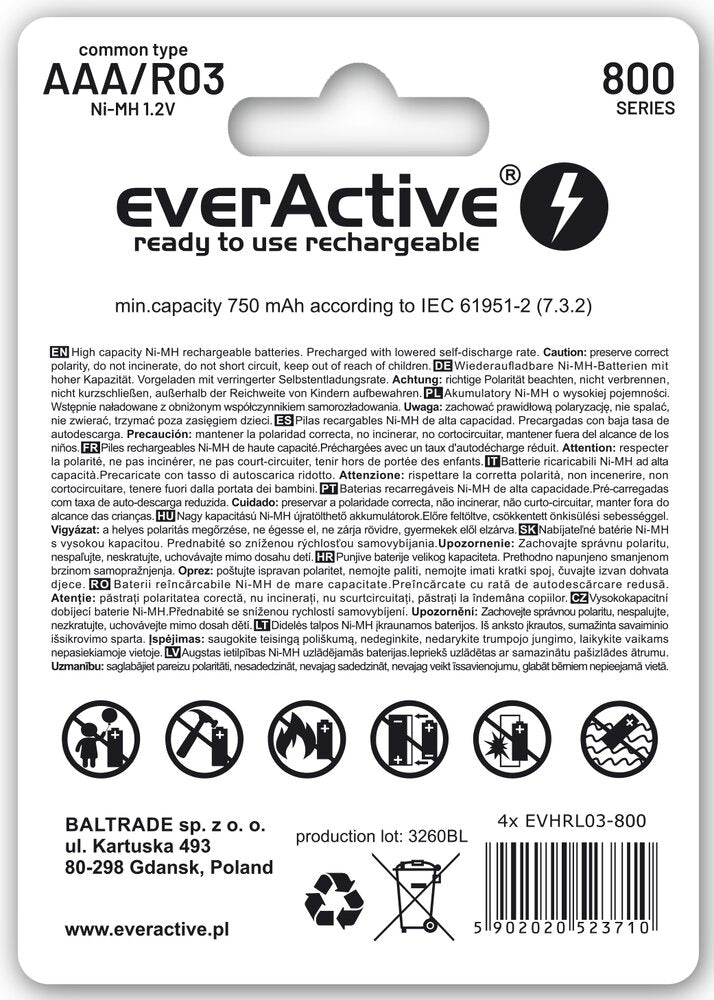 Батерия 1.2V EverActive Silver AAA, NiMh 800mAh x 2 бр. готови за употреба