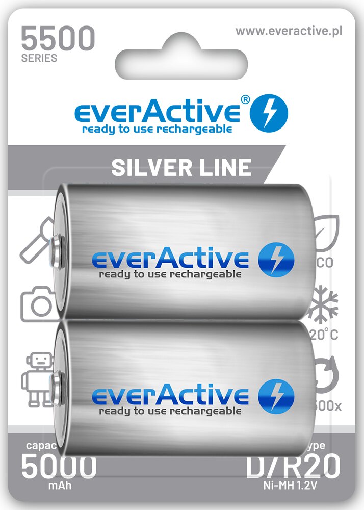 Батерия 1.2V EverActive Silver R20/D, NiMh 5500mAh x 2 бр. готови за употреба